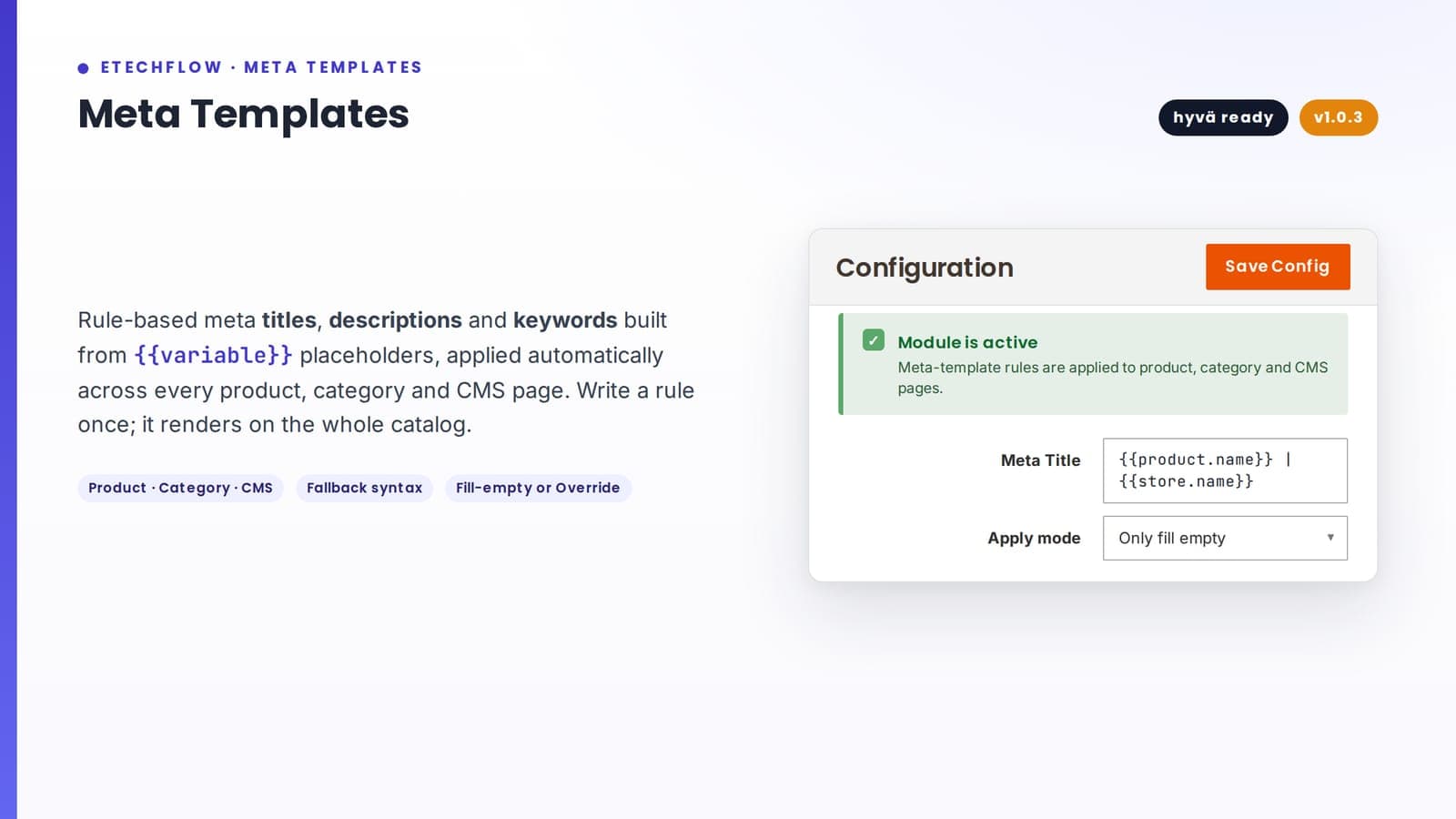 Meta Templates — rule-based meta titles and descriptions for Magento 2
